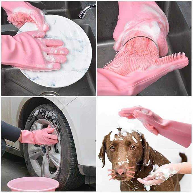 Silicone Dishwashing Gloves with Scrubbing Bristles – Heat Resistant, Multipurpose Magic Cleaning Gloves for Kitchen, Bathroom, Car & Pet Care (1 Pair)