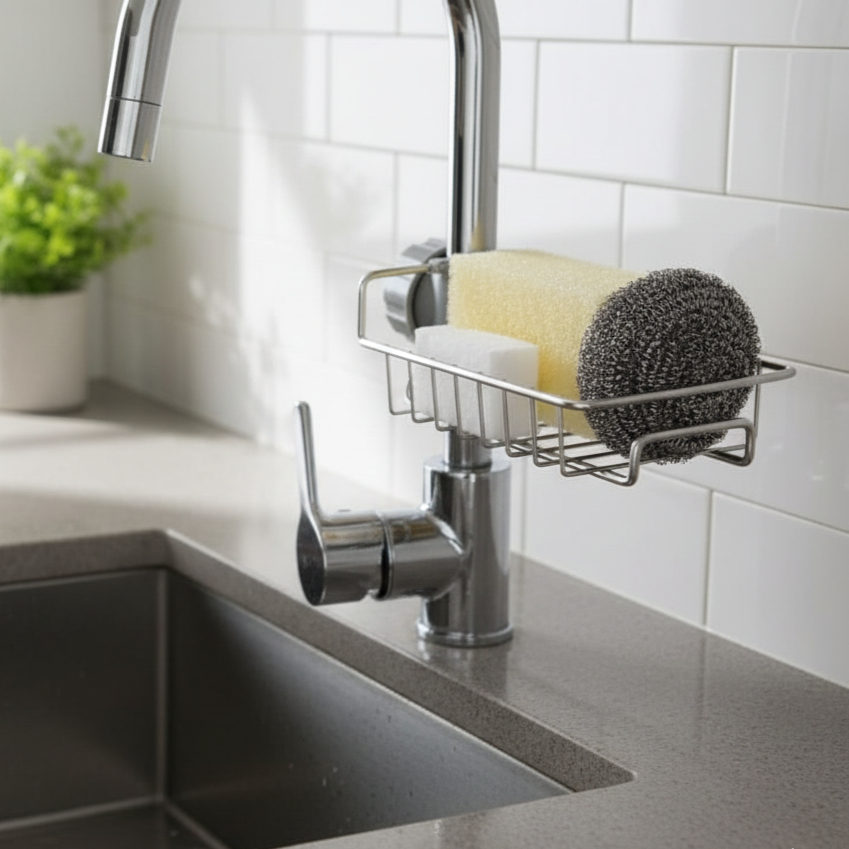 Stainless Steel Kitchen Sink Caddy Organizer – Hanging Sponge & Soap Holder, Heavy Duty Drainer Rack for Scrubbers