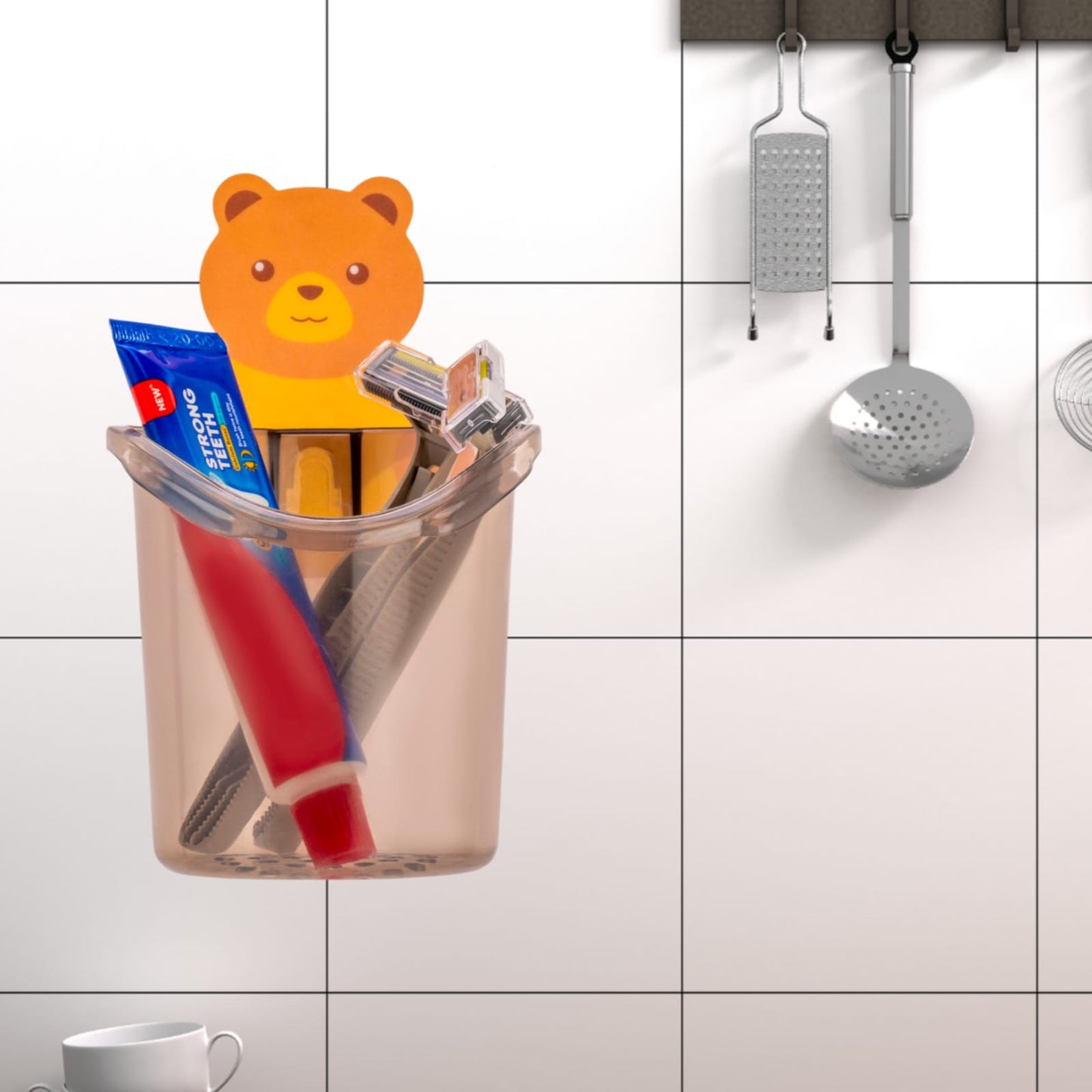 Multipurpose Wall Mount Teddy Bear Toothbrush Holder Cup, ABS Plastic with Strong Adhesive Sticker, Easy Installation(Pack of 3)