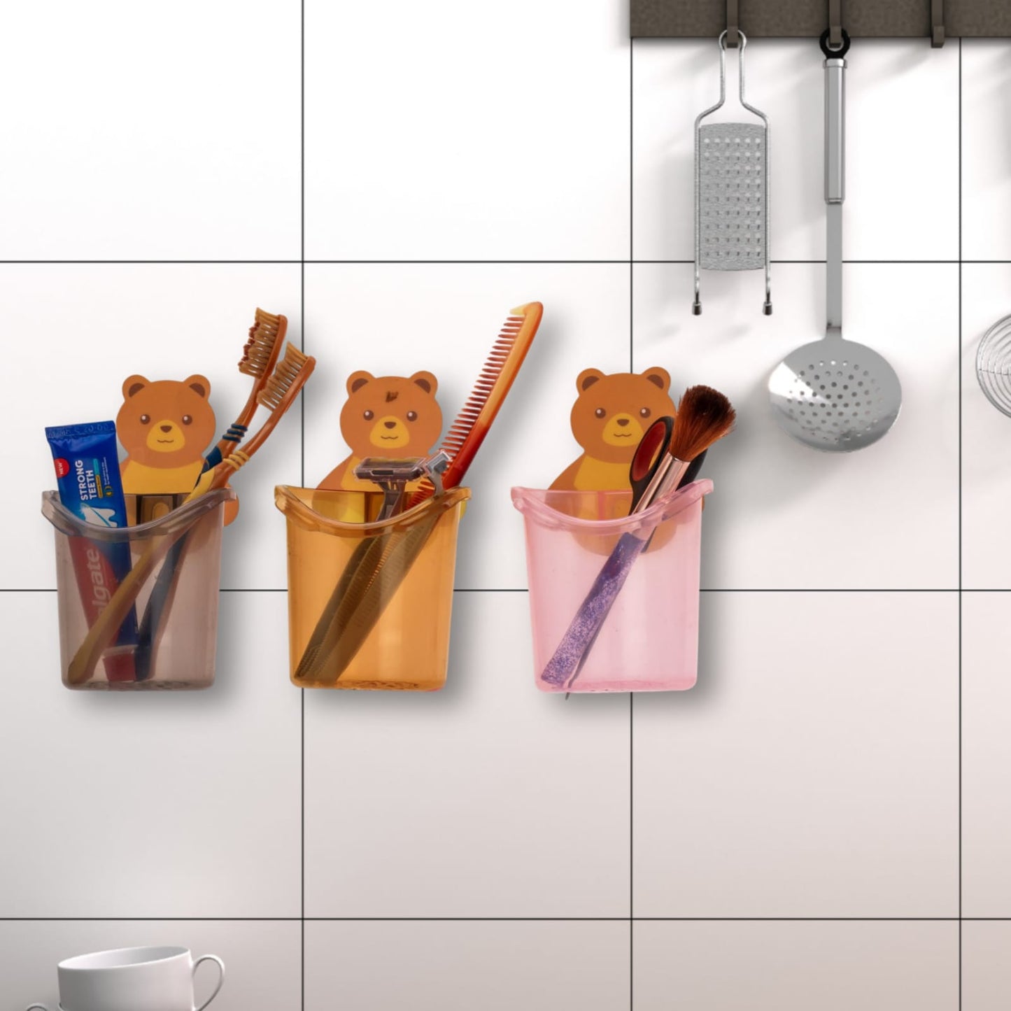 Multipurpose Wall Mount Teddy Bear Toothbrush Holder Cup, ABS Plastic with Strong Adhesive Sticker, Easy Installation(Pack of 3)