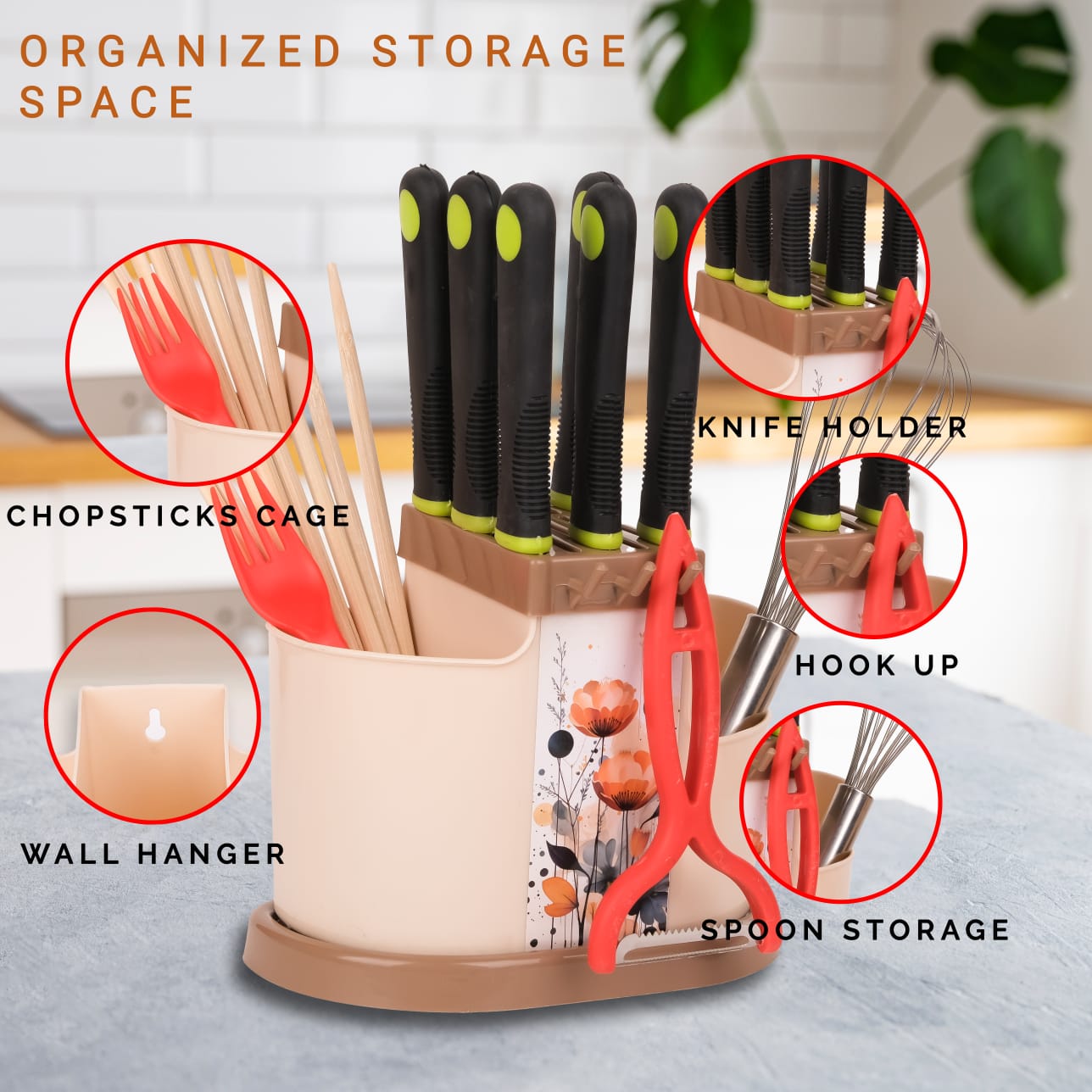 3 in 1 Multi-Functional Kitchen Utensil Stand – Spoon, Knife & Cutlery Organizer with Draining Basket