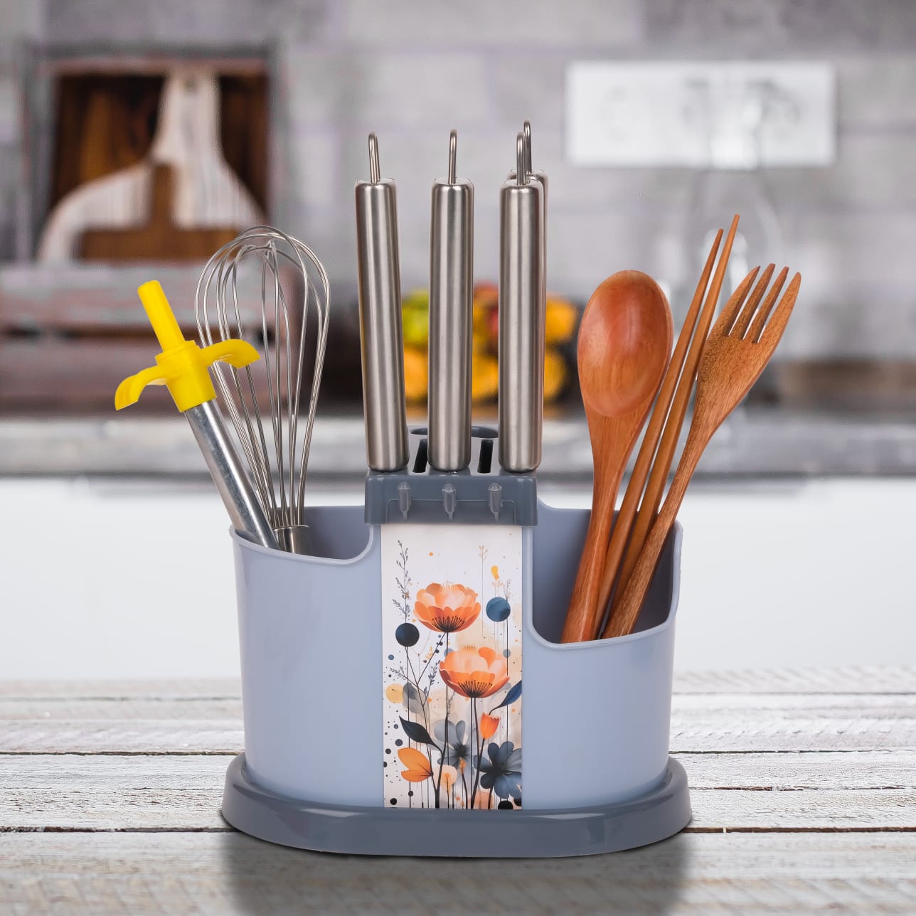 3 in 1 Multi-Functional Kitchen Utensil Stand – Spoon, Knife & Cutlery Organizer with Draining Basket