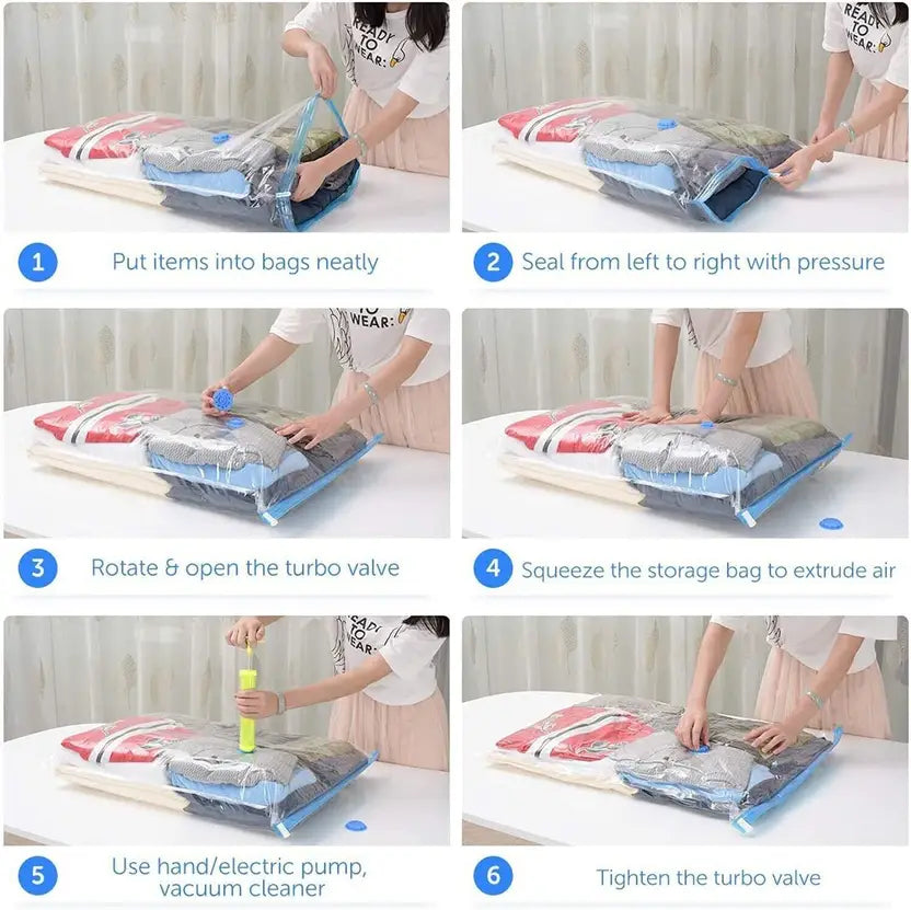 Vacuum Storage Bags with Pump – Airtight Reusable Space Saver Compression Bags with Double Ziplock for Clothes, Blankets & Winterwear