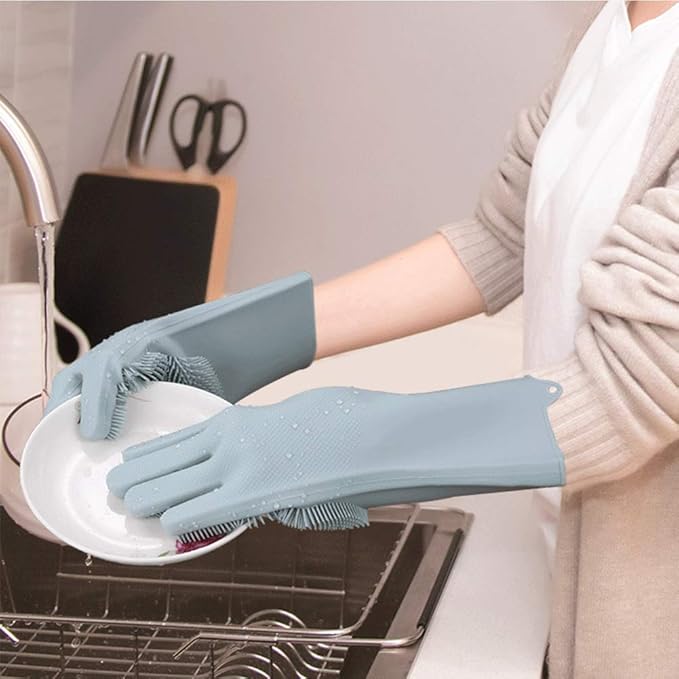 Silicone Dishwashing Gloves with Scrubbing Bristles – Heat Resistant, Multipurpose Magic Cleaning Gloves for Kitchen, Bathroom, Car & Pet Care (1 Pair)