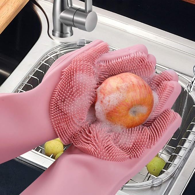 Silicone Dishwashing Gloves with Scrubbing Bristles – Heat Resistant, Multipurpose Magic Cleaning Gloves for Kitchen, Bathroom, Car & Pet Care (1 Pair)