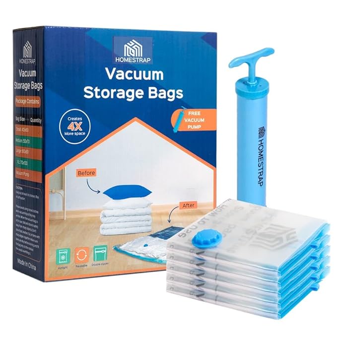 Vacuum Storage Bags with Pump – Airtight Reusable Space Saver Compression Bags with Double Ziplock for Clothes, Blankets & Winterwear