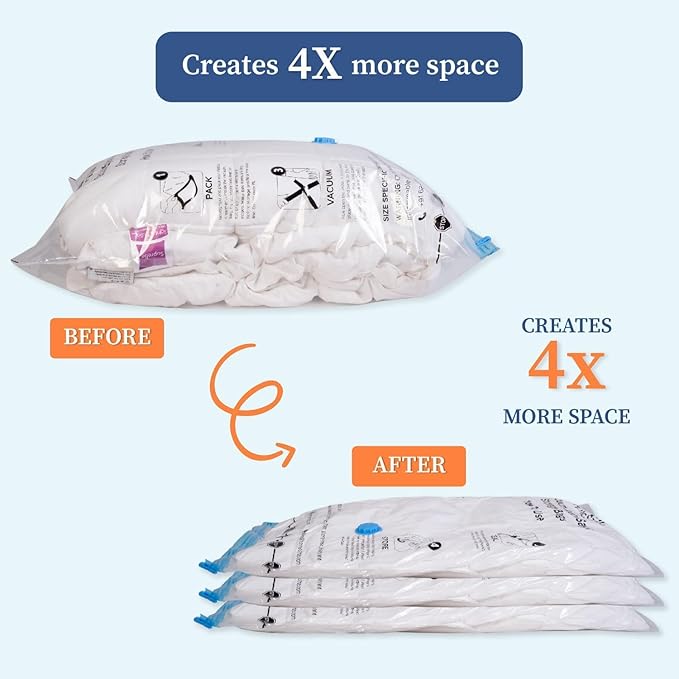 Vacuum Storage Bags with Pump – Airtight Reusable Space Saver Compression Bags with Double Ziplock for Clothes, Blankets & Winterwear