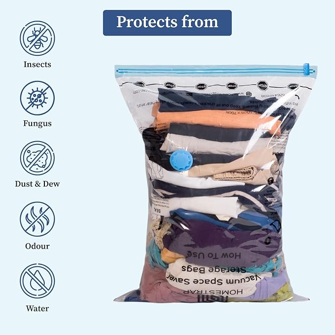 Vacuum Storage Bags with Pump – Airtight Reusable Space Saver Compression Bags with Double Ziplock for Clothes, Blankets & Winterwear