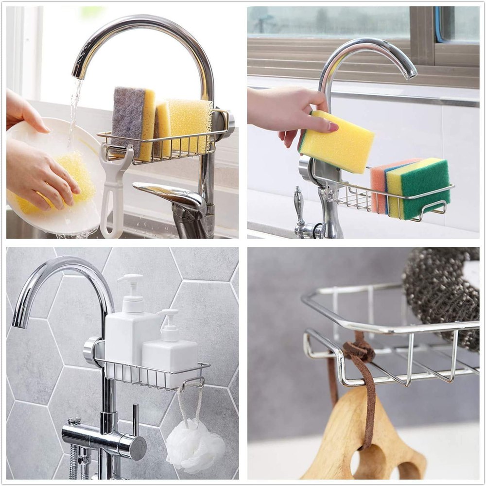 Stainless Steel Kitchen Sink Caddy Organizer – Hanging Sponge & Soap Holder, Heavy Duty Drainer Rack for Scrubbers