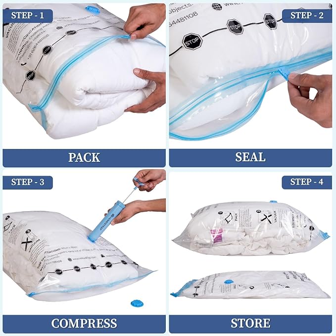 Vacuum Storage Bags with Pump – Airtight Reusable Space Saver Compression Bags with Double Ziplock for Clothes, Blankets & Winterwear