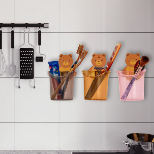 Multipurpose Wall Mount Teddy Bear Toothbrush Holder Cup, ABS Plastic with Strong Adhesive Sticker, Easy Installation(Pack of 3)