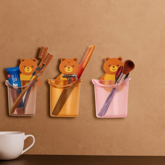 Multipurpose Wall Mount Teddy Bear Toothbrush Holder Cup, ABS Plastic with Strong Adhesive Sticker, Easy Installation(Pack of 3)