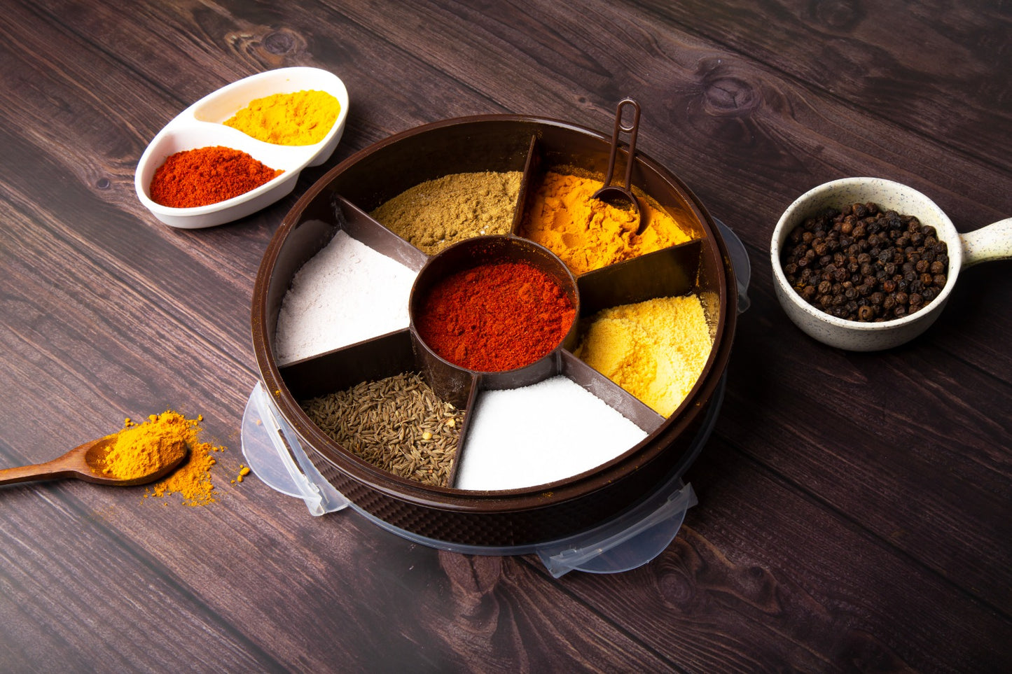 Round Plastic Masala Spice Box Multipurpose Masala Rangoli Dabba Box for Keeping Spices 7 Compartment Spice Container Multicolor Spice Box Set