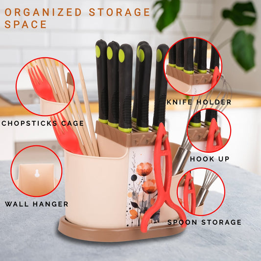 3 in 1 Multi-Functional Kitchen Utensil Stand – Spoon, Knife & Cutlery Organizer with Draining Basket