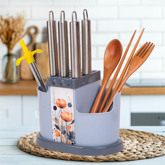 3 in 1 Multi-Functional Kitchen Utensil Stand – Spoon, Knife & Cutlery Organizer with Draining Basket